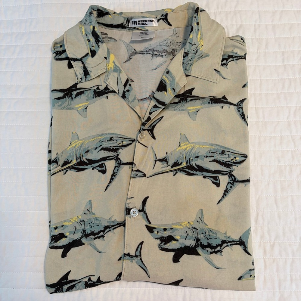 Weekend Soul Shark Print Short Sleeve Button Down Camp Shirt Mens XXL